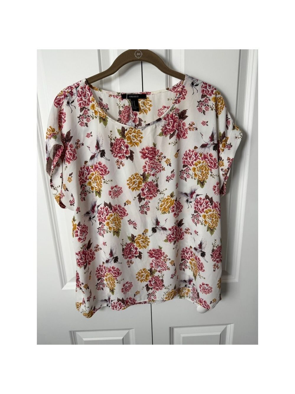 FOREVER 21 Blouse M White Pink Floral Crane Print